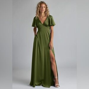 AZAZIE KIMBER Olive A-Line Ruched Stretch Satin Dress